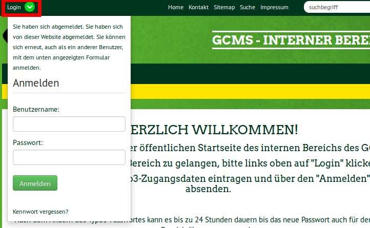 Screenshot mit Hinweis auf Login Button oben links