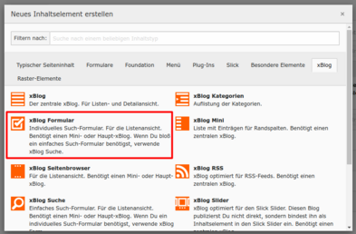 Im Pop-Up-Fenster wählen wir das xBlog-Plugin Formular aus.