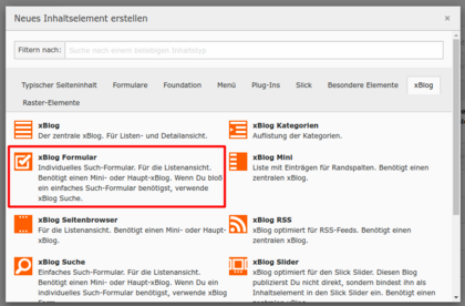 Im Pop-Up-Fenster wählen wir das xBlog-Plugin Formular aus.