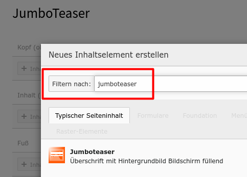 JumboTeaser im Assistenten auswählen