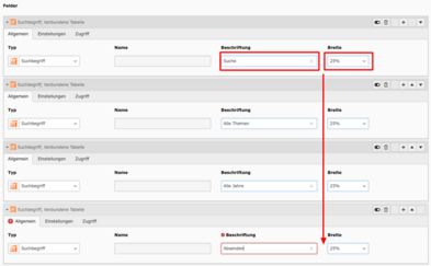 Felder benennen und ihre Breite festlegen.